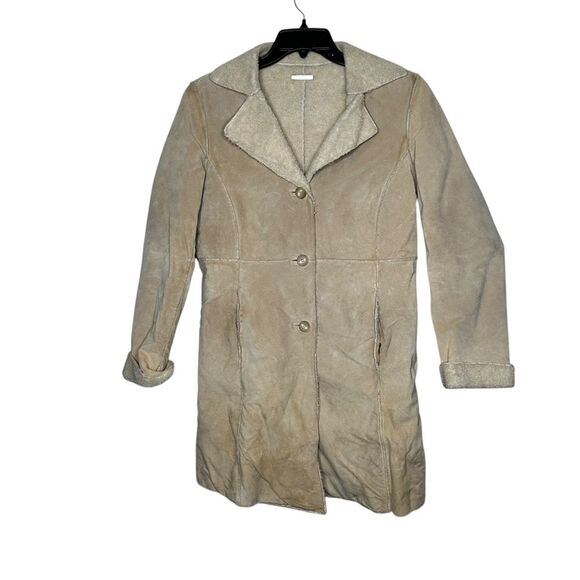 Vintage GUESS 90s 1990s Penny Lane Afghan Leather Tan Coat medium retro - Picture 1 of 10